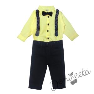 Бебешки комплект от боди-риза в жълто, панталон, тиранти и папийонка в тъмносиньо 2
