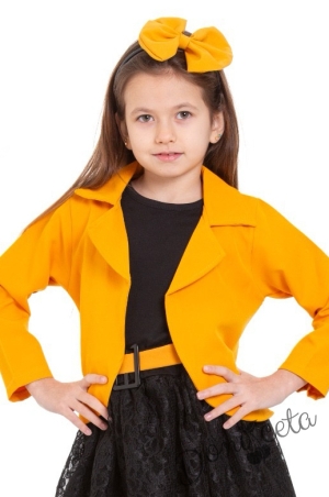 Детски комплект за момиче от 4 части- пола, сако, тениска и диадема за коса в горчица Роус 2