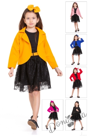 Детски комплект за момиче от 4 части- пола, сако, тениска и диадема за коса в горчица Роус 3