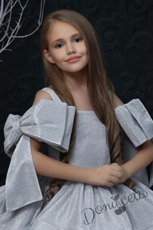 Официална детска рокля в сребристо с панделка за коса  Анастасия 2
