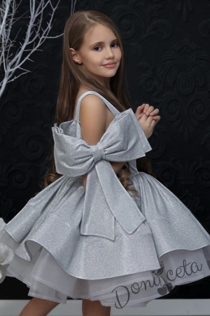 Официална детска рокля в сребристо с панделка за коса  Анастасия 3