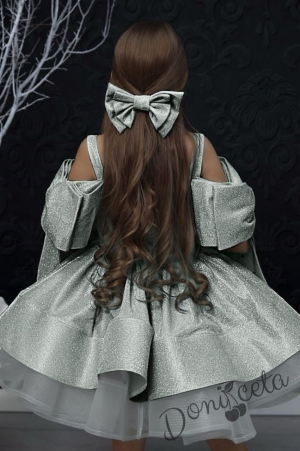 Официална детска рокля в сребристо с панделка за коса Анастасия 3
