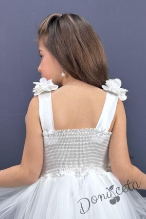 Официална детска дълга рокля в бяло с тюл без ръкав с дантела Донатела 4