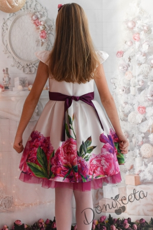 Детска рокля в екрю с рози и колан в лилаво 297Б 2