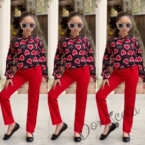 Комплект за момиче от блуза с дълъг  ръкав на сърца и панталон в червено