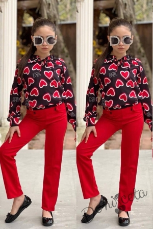 Комплект за момиче от блуза с дълъг  ръкав на сърца и панталон в червено 2