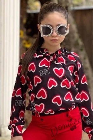 Комплект за момиче от блуза с дълъг  ръкав на сърца и панталон в червено 3