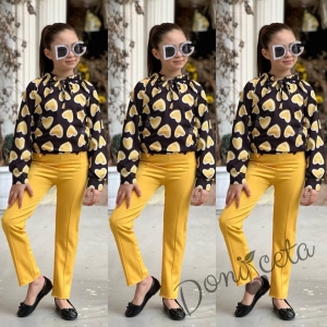 Комплект за момиче от блуза с дълъг  ръкав на сърца и панталон в жълто