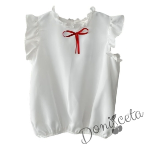 Детска риза за момиче в бяло с къс ръкав Contrast с червена панделка 1