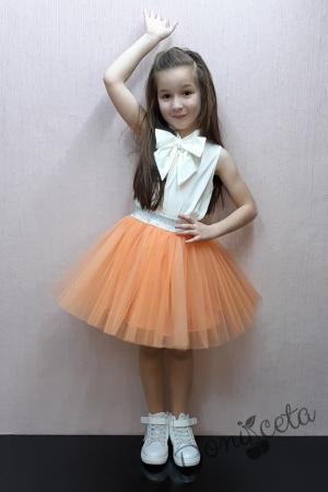 Комплект от детска пола с тюл в оранжево Касиди и блуза в бяло Тея
