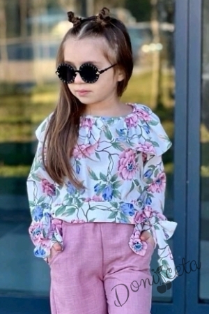 Комплект за момиче от блуза с дълъг  ръкав на цветя и панталон в пепел от рози 2