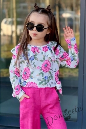 Комплект за момиче от блуза с дълъг  ръкав на цветя и панталон в циклама 2