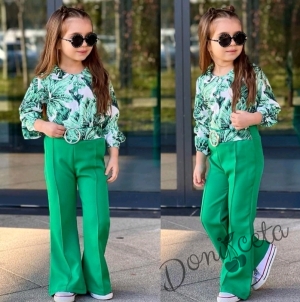 Комплект за момиче от блуза с дълъг  ръкав на цветя и панталон в зелено