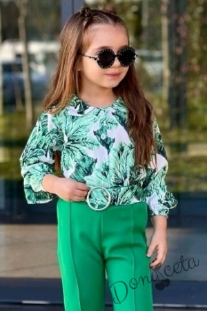 Комплект за момиче от блуза с дълъг  ръкав на цветя и панталон в зелено 2