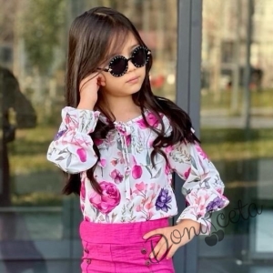 Комплект за момиче от блуза с дълъг ръкав на цветя и панталон с копчета в циклама 2
