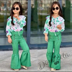 Комплект за момиче от блуза с дълъг ръкав на цветя и панталон с копчета в зелено