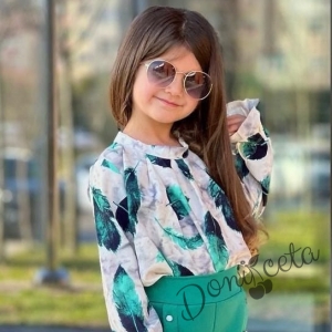 Комплект за момиче от блуза с дълъг ръкав на листа панталон с копчета в зелено 2