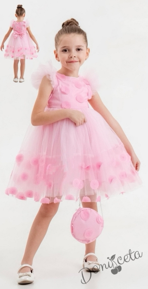 Официална детска рокля с къс ръкав на точки в розово с чанта