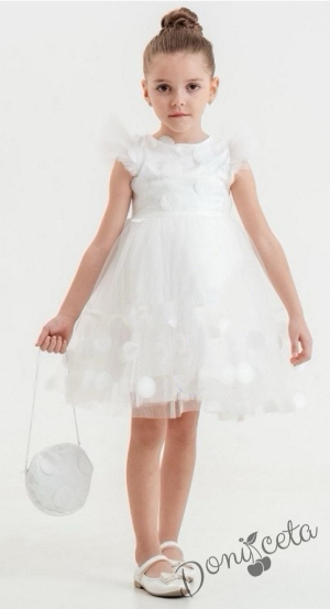 Официална детска рокля с къс ръкав на точки в бяло с чанта