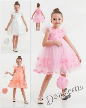 Официална детска рокля с къс ръкав на точки в бяло с чанта 2 къс ръкав на точки в розово с чанта 2