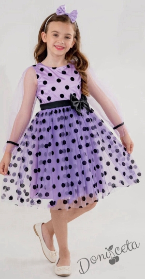 Официална детска рокля с дълъг ръкав на точки в лилаво