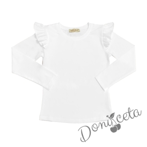 Детска блуза с дълъг ръкав в бяло с къдрици 