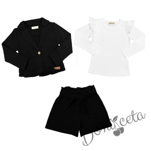 Комплект за момиче от 3 части- сако и панталони в черно и блуза в бяло