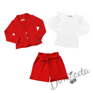 Комплект за момиче от 3 части- сако и панталони в червено и блуза в бяло