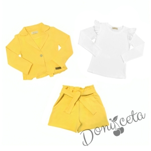 Комплект за момиче от 3 части- сако и панталони в жълто и блуза в бяло 1