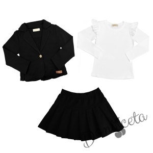Комплект от 3 части- пола плисе и сако в черно и блуза в бяло 1