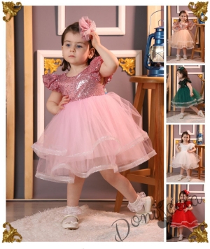 Официална детска рокля в розово с тюл и пайети Фазилет и панделка за коса 2