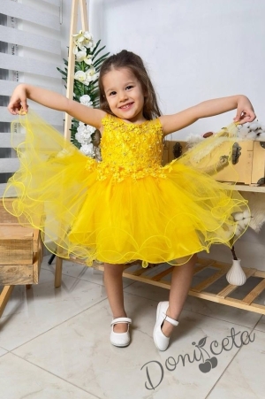 Официална детска къса рокля Анджела в жълто с тюл без ръкав 