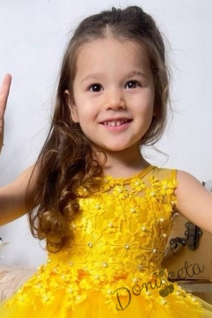 Официална детска къса рокля Анджела в жълто с тюл без ръкав  2