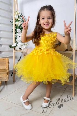 Официална детска къса рокля Анджела в жълто с тюл без ръкав  3