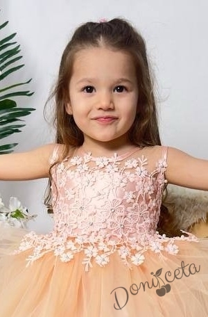 Официална детска къса рокля Анджела в прасковено с тюл без ръкав  2