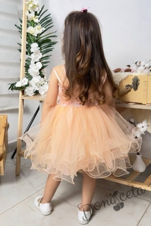Официална детска къса рокля Анджела в прасковено с тюл без ръкав  3