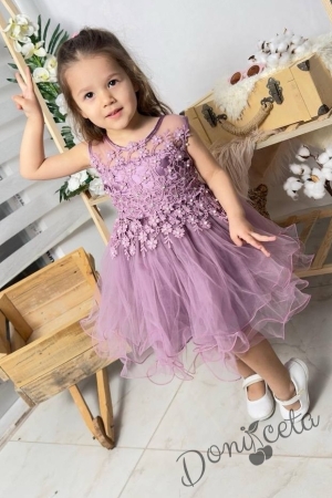 Официална детска къса рокля Анджела в лилаво с тюл без ръкав  1