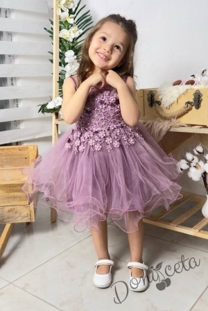 Официална детска къса рокля Анджела в лилаво с тюл без ръкав 