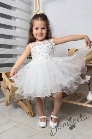 Официална детска къса рокля Анджела в бяло с тюл без ръкав 1