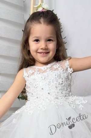 Официална детска къса рокля Анджела в бяло с тюл без ръкав  2