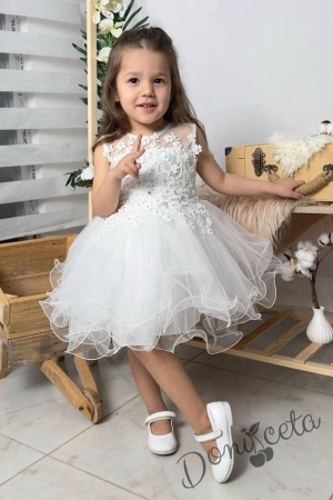 Официална детска къса рокля Анджела в бяло с тюл без ръкав  3
