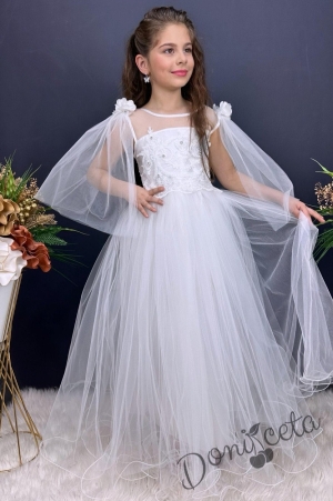 Официална детска дълга рокля в бяло без ръкав с дантела и воали Виолета