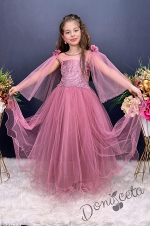 Официална детска дълга рокля в пепел от рози без ръкав с дантела и воали Виолета