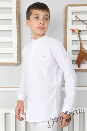 Детска риза с дълъг ръкав без яка за момче в бяло 