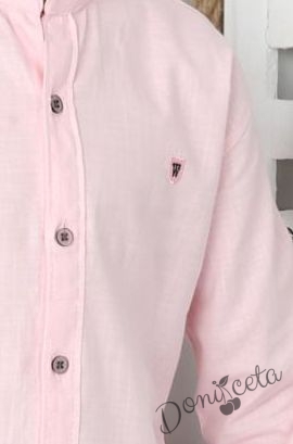 Детска риза с дълъг ръкав без яка за момче в розово  2