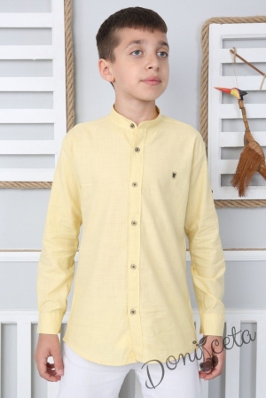 Детска риза с дълъг ръкав без яка за момче в жълто  1