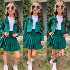 Комплект за момиче от 3 части - пола и сако в зелено и риза в бяло 1