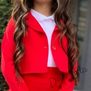 Комплект за момиче от 3 части - пола и сако в червено и риза в бяло 2