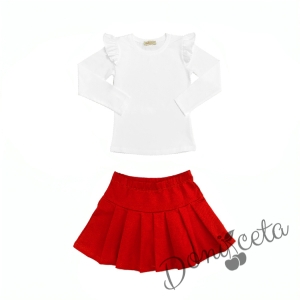 Комплект от пола плисе в червено и блуза в бяло 1
