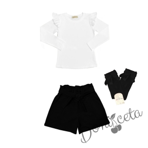 Комплект за момиче от къси панталони в черно и блуза в бяло с къдрици с чорапи